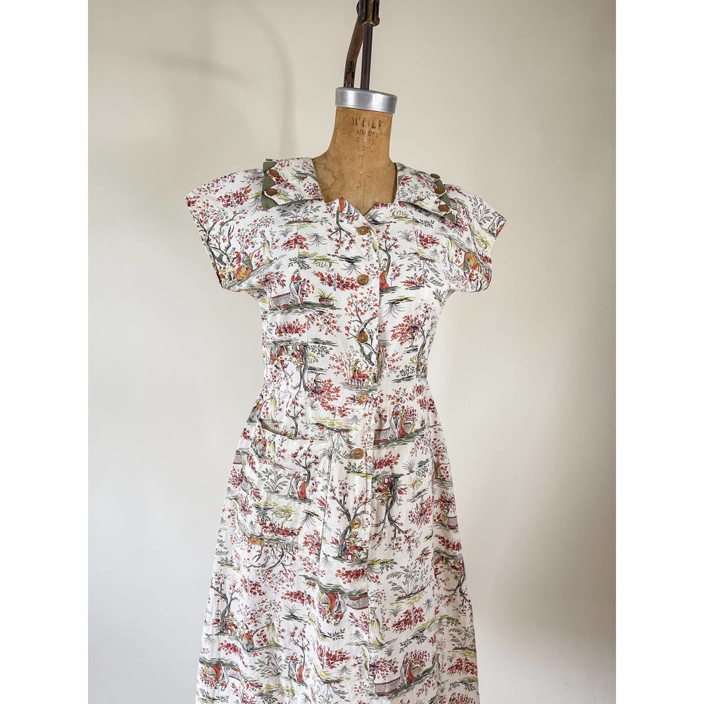 40s Vintage Ladies Strolling Homemade Novelty Print Dress Size 28w - Picture 6 of 11